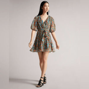 NEW Ted Baker Tiania Smock Panel Floral Wrap Mini Dress Multicolor Size Small